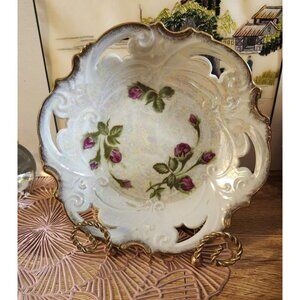 Gorgeous Norcrest Moss Rose Lusterware Shallow Bowl Gold Rim 7.5" Japan Vintage